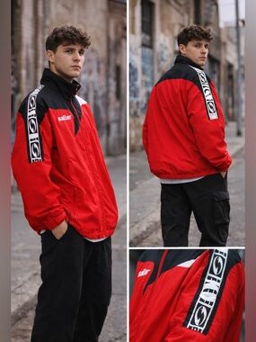 Saller Soccer Track Jacket XL Red Black Windbreaker Vintage Style Y2K Streetwear